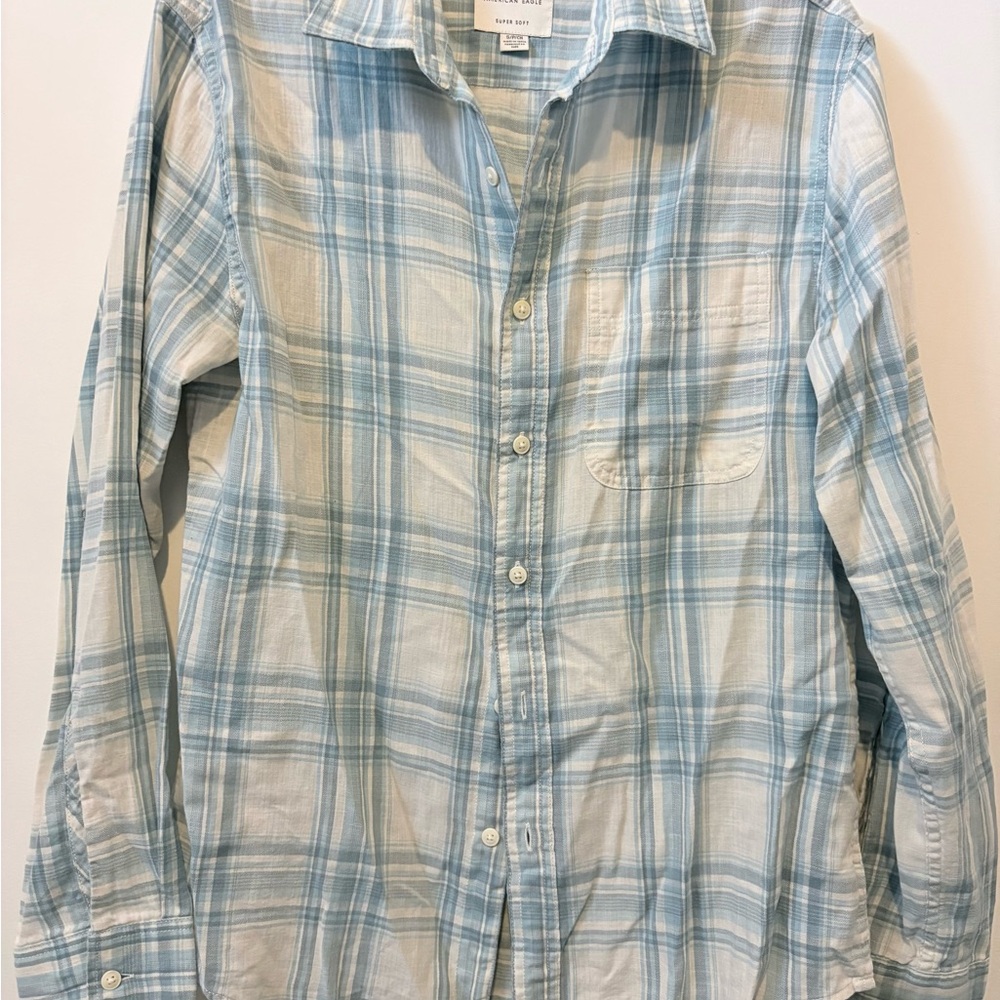 American Eagle Outfitters Light Blue & White Plaid Button-Down Shirt
